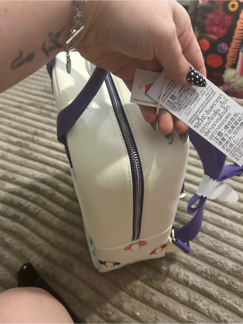 Loungefly Cream Mini Backpack with Purple Handles and Multicolor Minnie Icons - Picture 2 of 6